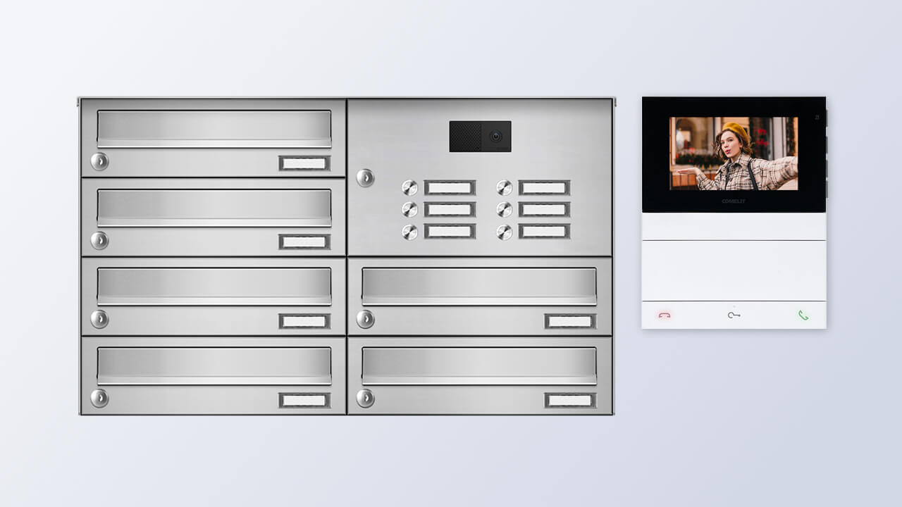 Edelstahl Briefkastenanlage mit Video-Gegensprechanlagen-Set und Display