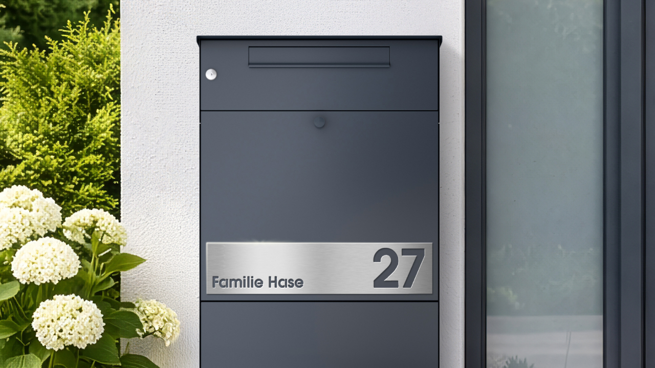 Paketbox KNOBOX PRO in Anthrazit mit Edelstahl Blende vor einer weißen Wand am Hauseingang