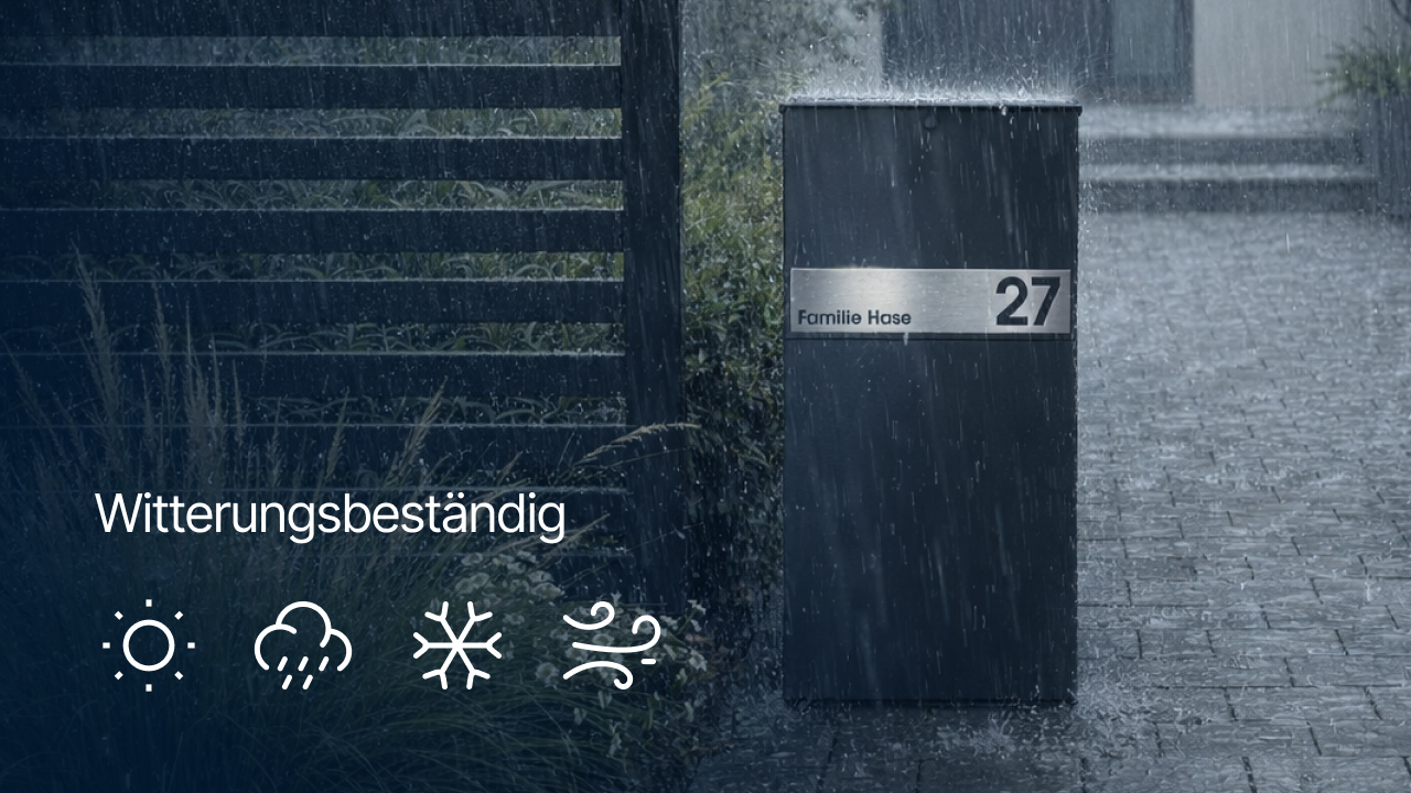 Witterungsbeständige Paketbox mit Edelstahl Blende auf einem Grundstück im Regen. 