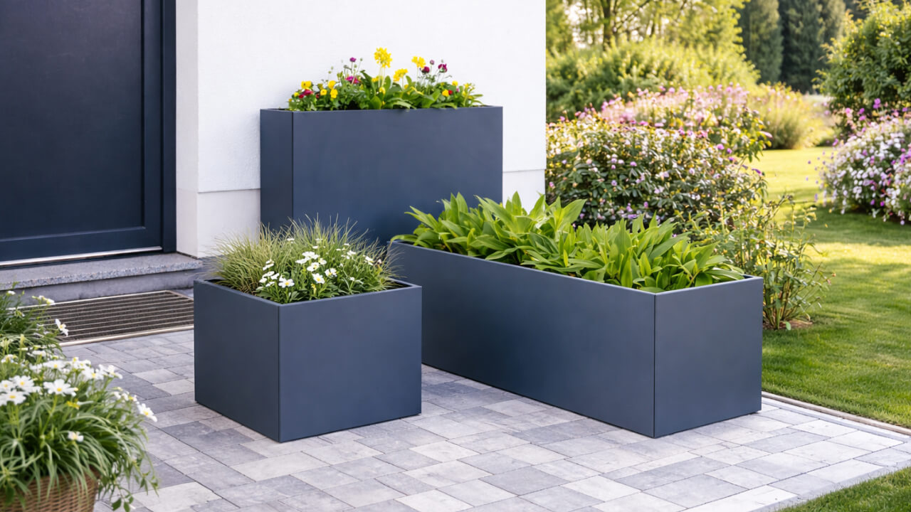 Pflanzenkübel in verschiedenen Größen außen auf einer Terrasse im Garten.