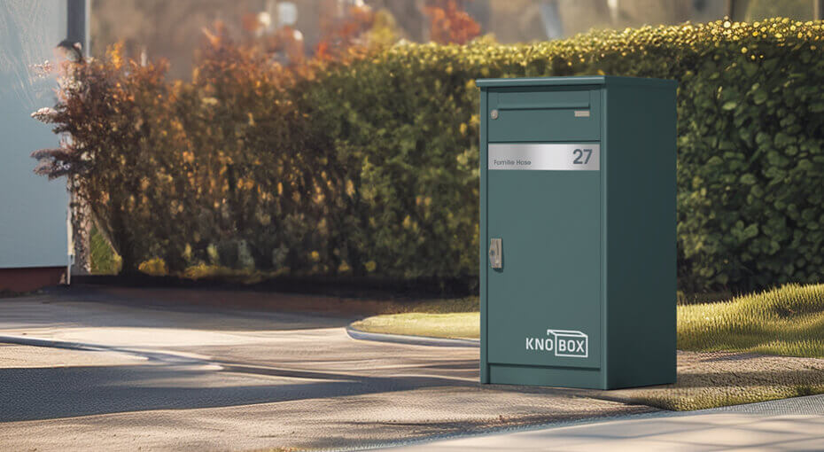 Paketbox KNOBOX im in einer Hofeinfahrt vor einem Einfamilienhaus