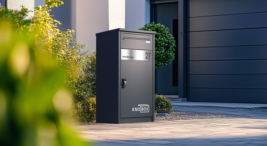 Paketbox KNOBOX in Anthrazit vor einem Einfamilienhaus