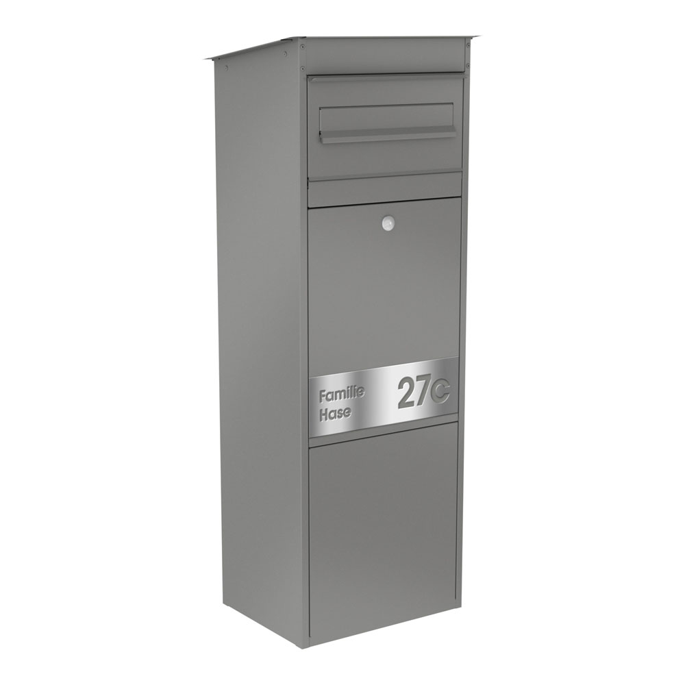 Paketbox JASPER | Paketkasten mit Briefkasten | für alle Lieferdienste | Grau | mit Beschriftungsblende