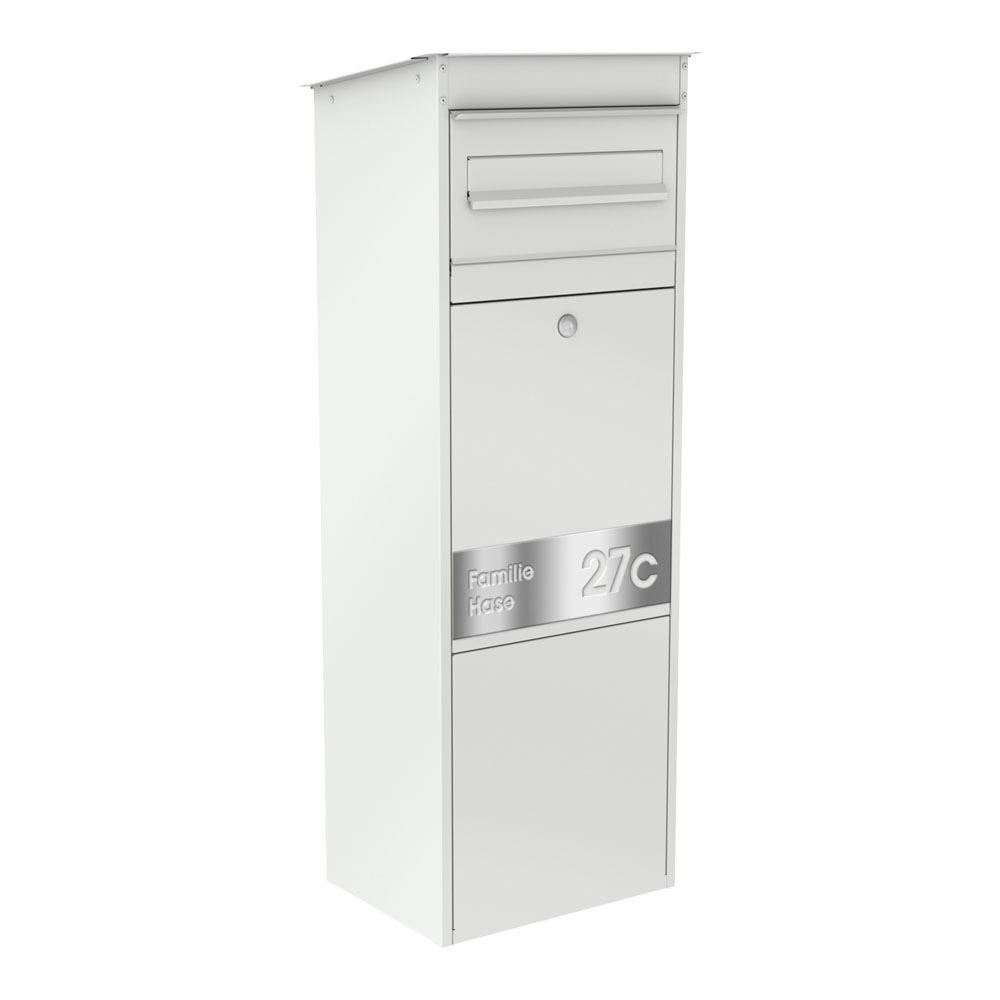 Paketbox JASPER | Paketkasten mit Briefkasten | für alle Lieferdienste | Weiß | mit Beschriftungsblende