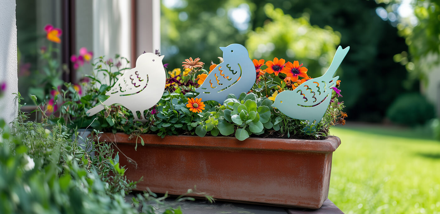 KNOBLOCH Pflanzenstecker mit Vogelmotiven in unterschiedlichen Farben in einem Blumentopf
