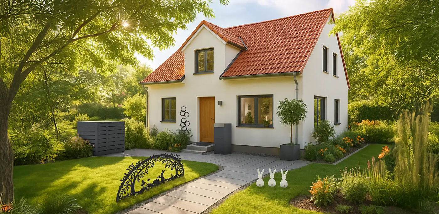 Haus mit Vorgarten im Sommer in dem KNOBLOCH Produkte für Hausund Garten platziert sind