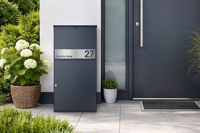Paketbox in Anthrazit mit beschriftungsblende neben einem Hauseingang