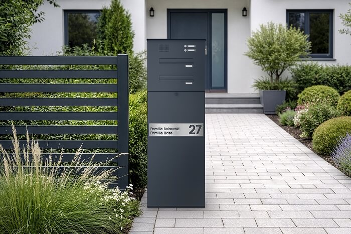 KNOBLOCH Paketbox in Anthraizt mit Briefkasten und Klingel für Mehrfamilienhaus an einem Zaun