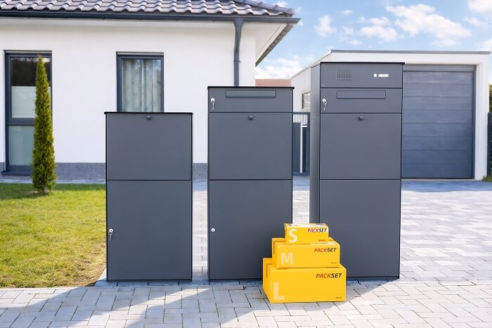 Drei KNOBLOCH Paketboxen in Anthrazit positioniert nebeneinander vor einem Einfamilienhaus