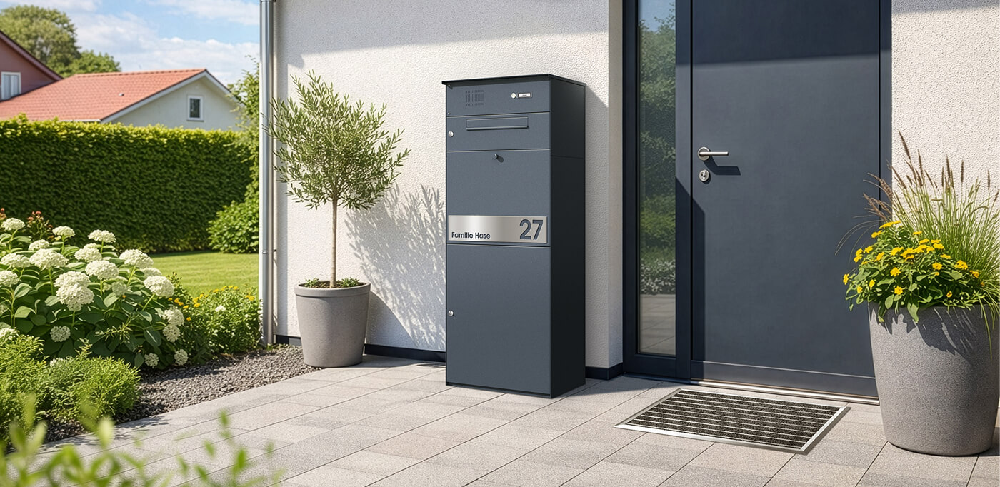 KNOBLOCH Paketbox neben dem Hauseinfang eines Einfamilienhauses mit Vorgarten