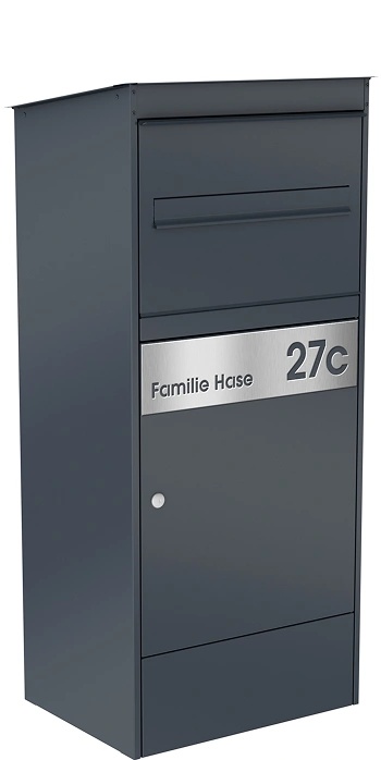 Paketbox JASPER mit Einwurfklappe in Anthrazit und Beschriftung