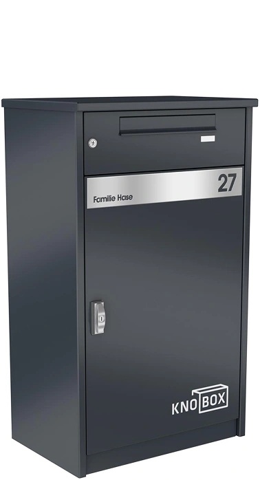 Paketbox KNOBOX mit Briefkasten in Anthrazit und Beschriftung