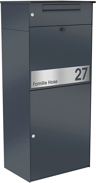Paketbox KNOBOX PRO mit Briefkasten in Anthrazit und Beschriftung